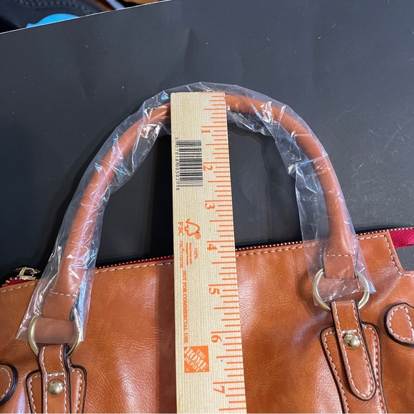 Brown genuine leather satchel purse tassels zip closure pockets, crossbody strap - Picture 7 of 11